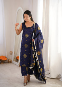 Navy Aura Chanderi Jacquard Suit Set