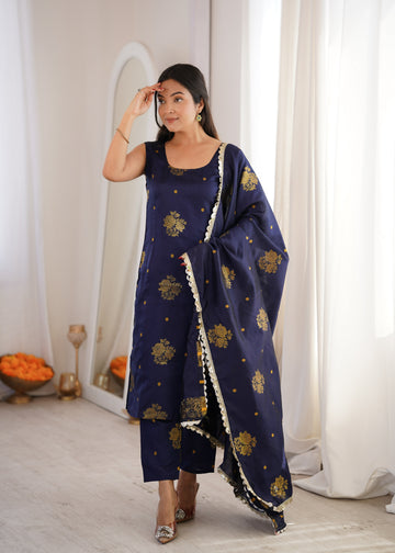 Navy Aura Chanderi Jacquard Suit Set