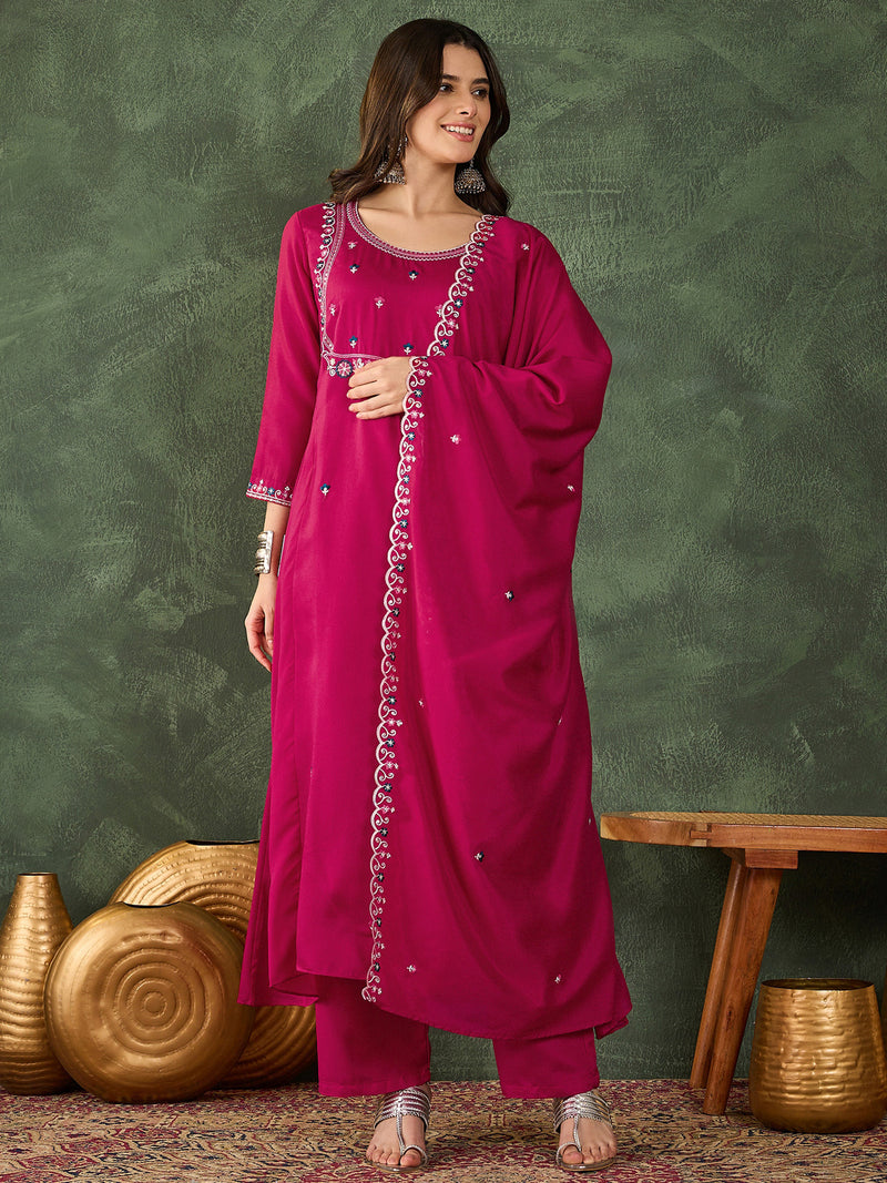 Rani Pink Vichitra Silk Embroidered Suit Set