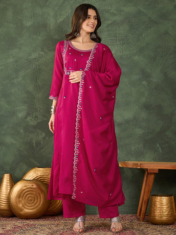 Rani Pink Vichitra Silk Embroidered Suit Set