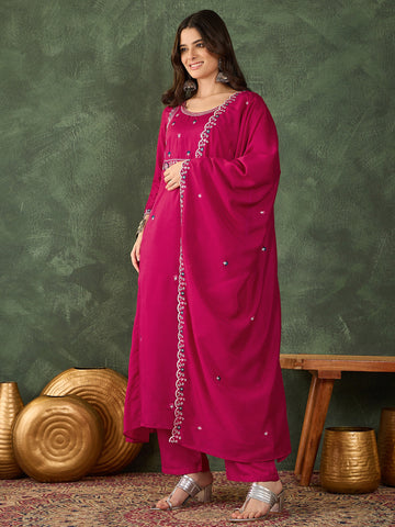 Rani Pink Vichitra Silk Embroidered Suit Set