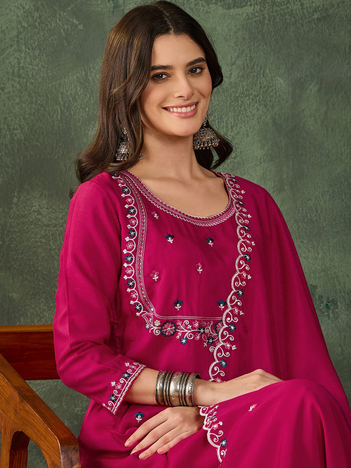 Rani Pink Vichitra Silk Embroidered Suit Set