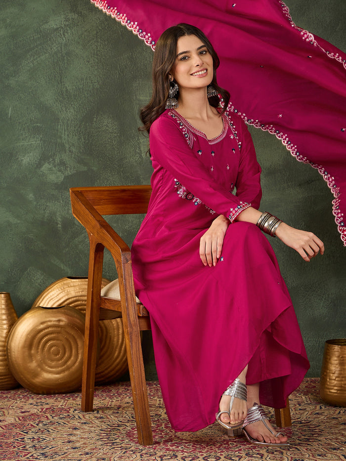 Rani Pink Vichitra Silk Embroidered Suit Set