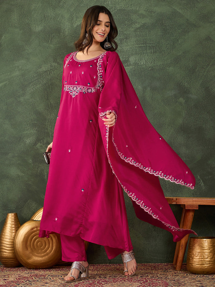 Rani Pink Vichitra Silk Embroidered Suit Set
