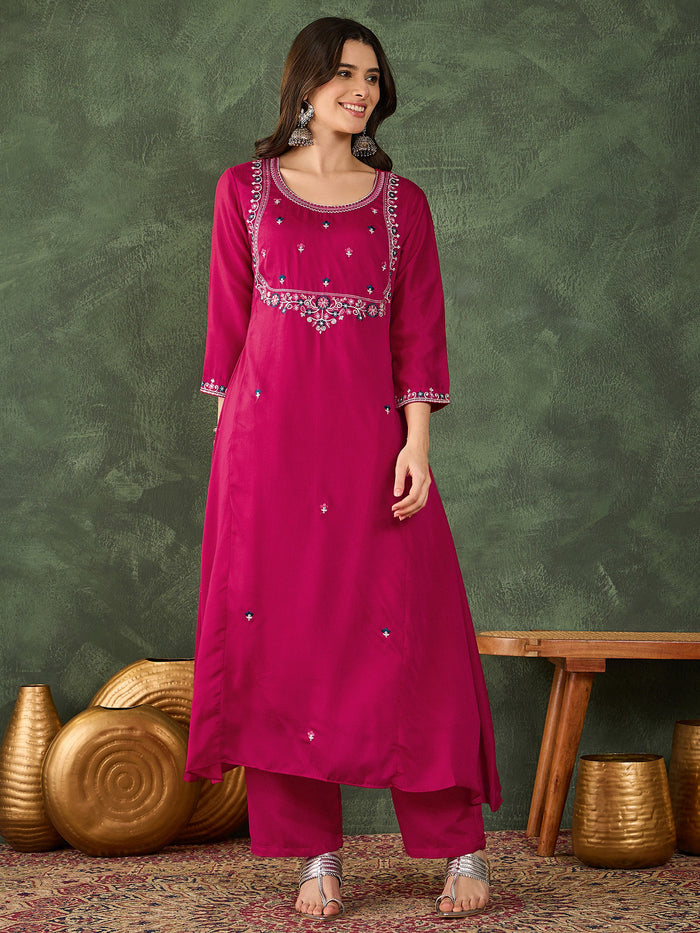 Rani Pink Vichitra Silk Embroidered Suit Set
