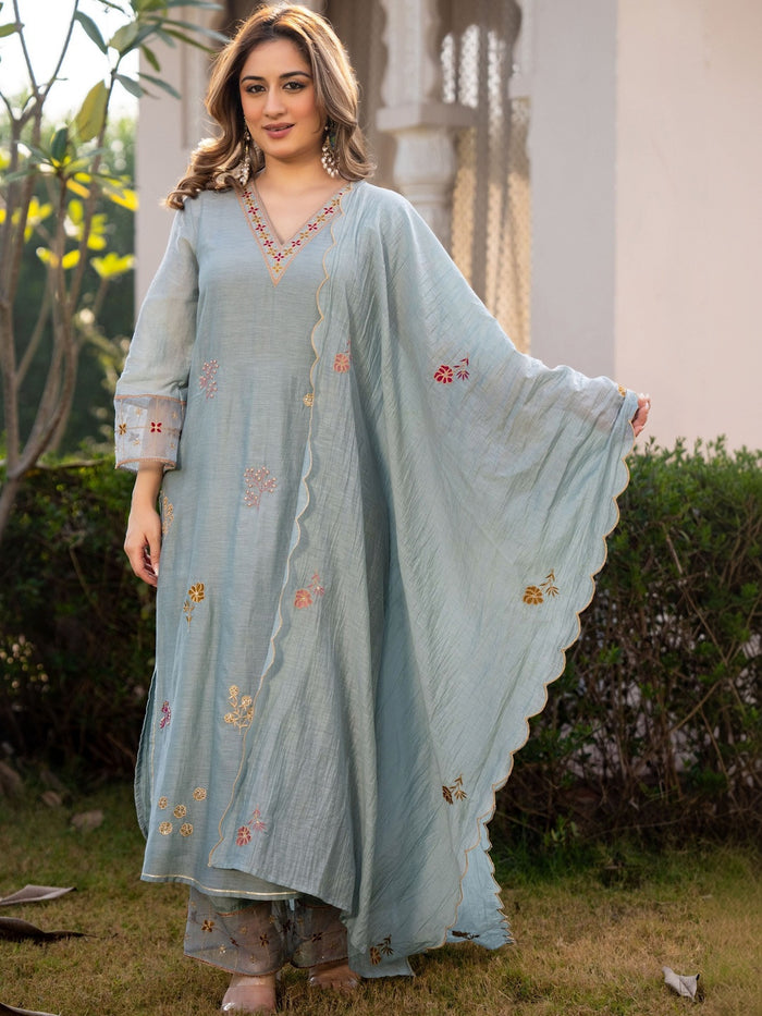 Pastel Blue Embroidered Georgette Kurta Pant Set