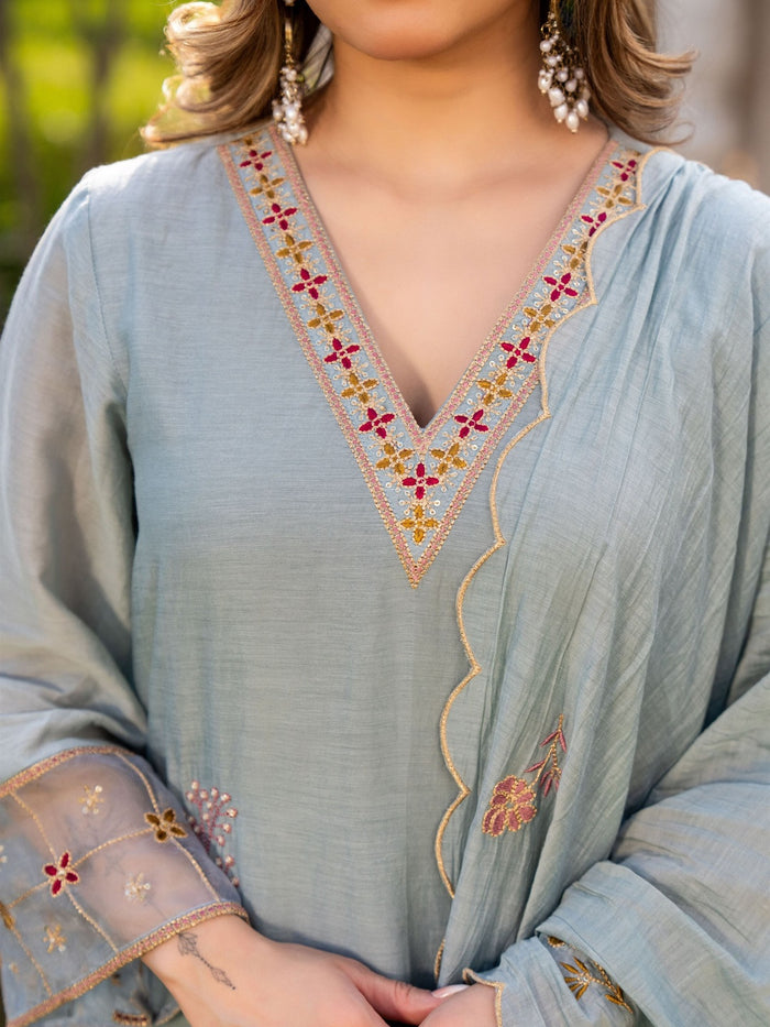 Pastel Blue Embroidered Georgette Kurta Pant Set