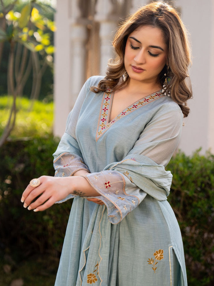 Pastel Blue Embroidered Georgette Kurta Pant Set