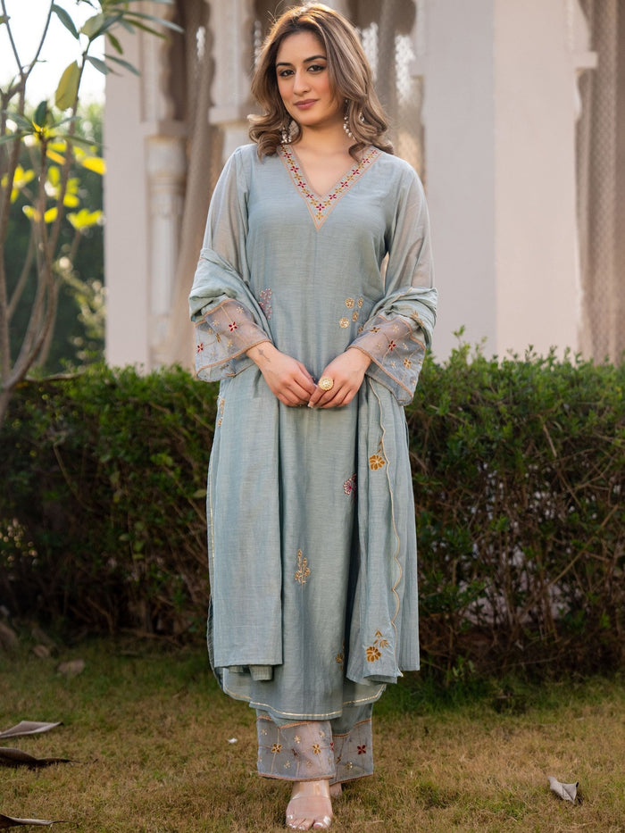 Pastel Blue Embroidered Georgette Kurta Pant Set
