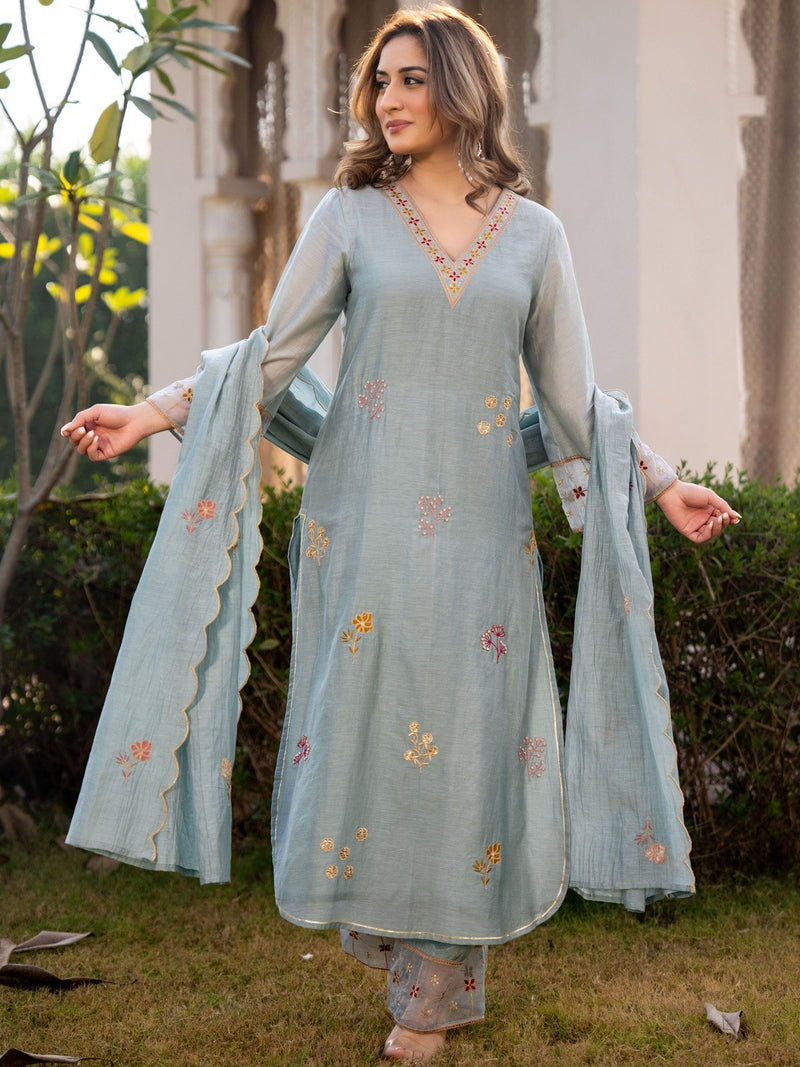 Pastel Blue Embroidered Georgette Kurta Pant Set