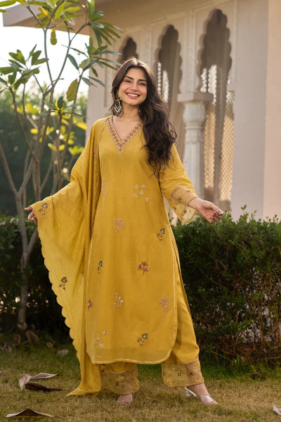 Mustard Yellow Embroidered Georgette Kurta Pant Set