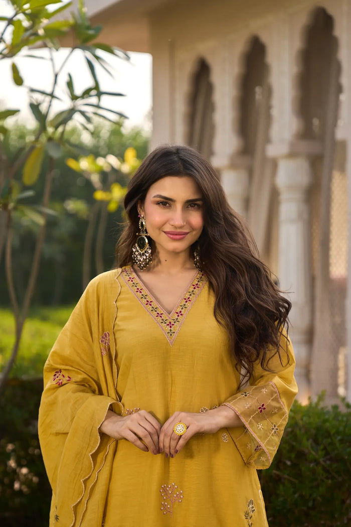Mustard Yellow Embroidered Georgette Kurta Pant Set