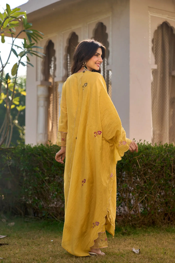Mustard Yellow Embroidered Georgette Kurta Pant Set
