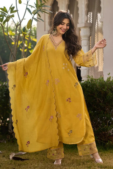 Mustard Yellow Embroidered Georgette Kurta Pant Set