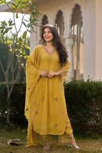 Mustard Yellow Embroidered Georgette Kurta Pant Set