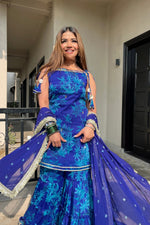 Royal Blue Embroidered Sharara Suit Set with Dupatta
