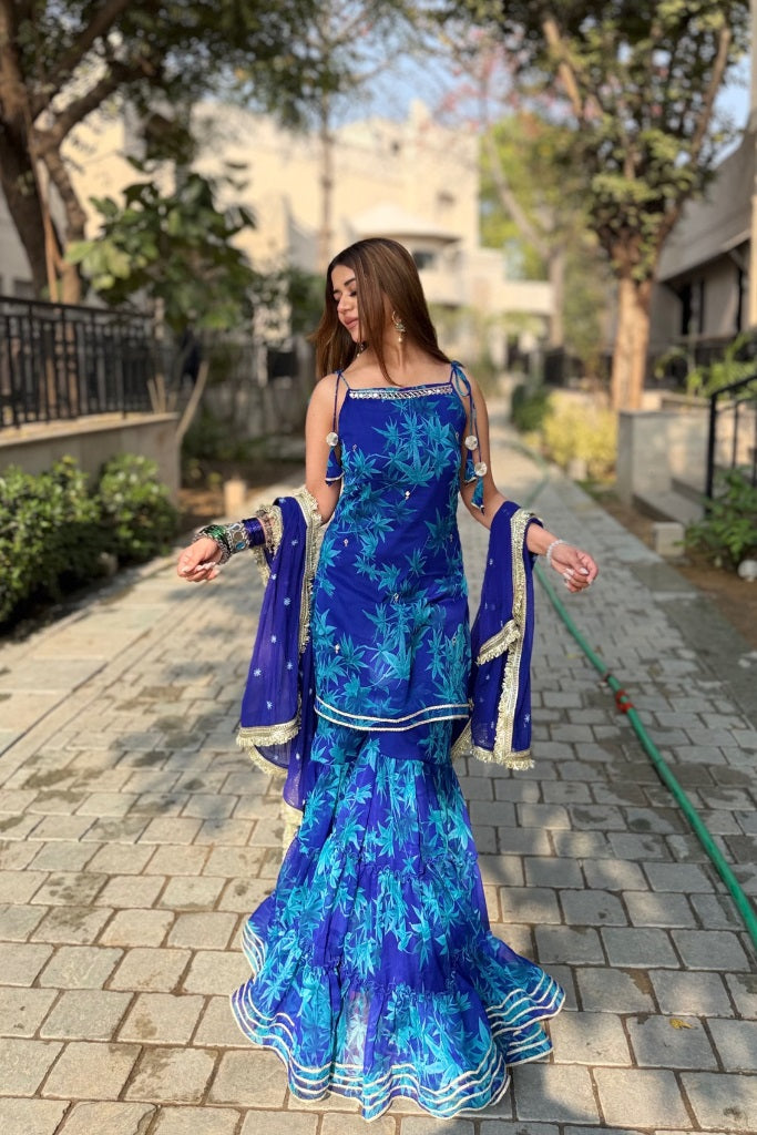 Royal Blue Embroidered Sharara Suit Set with Dupatta
