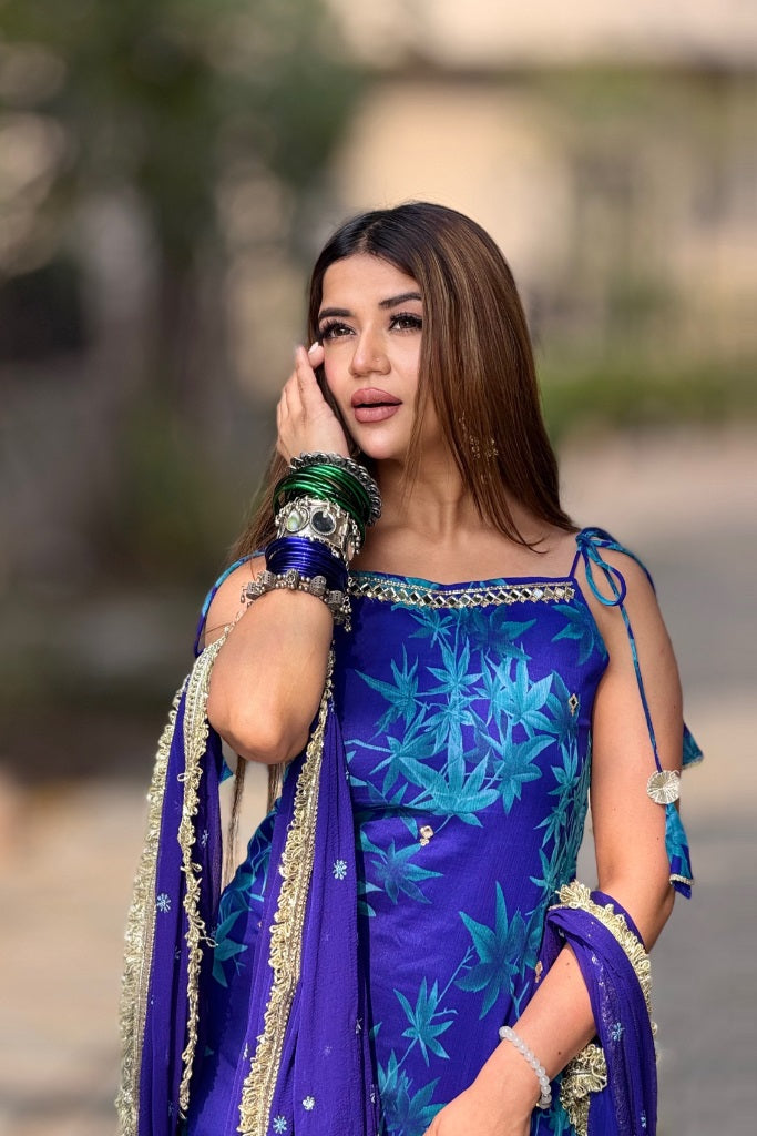 Royal Blue Embroidered Sharara Suit Set with Dupatta