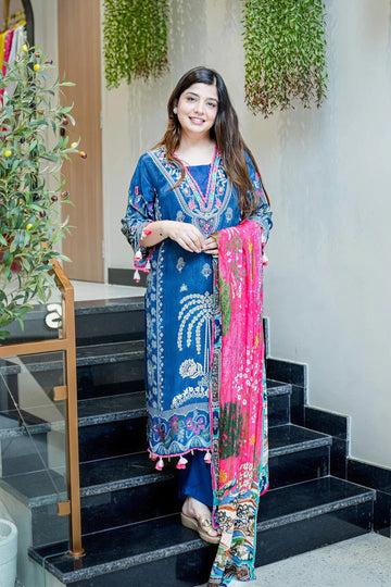 Navy Blue Muslin Suit with Embroidery and Printed Dupatta