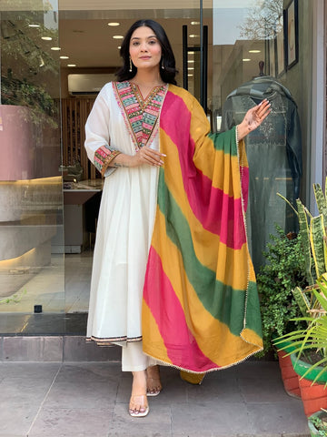 White Embroidered Anarkali Suit with Multicolor Statement Dupatta
