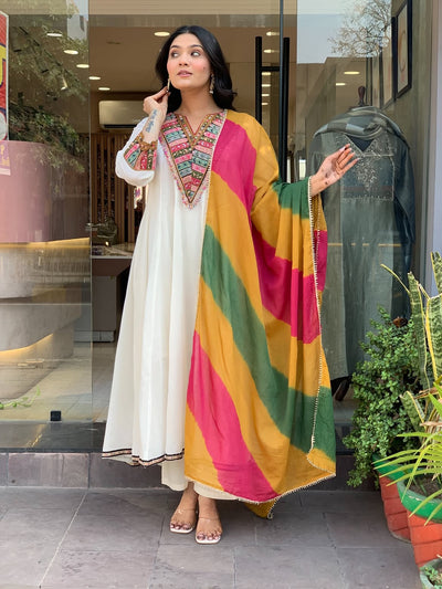 White Embroidered Anarkali Suit with Multicolor Statement Dupatta