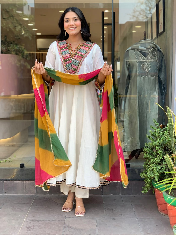 White Embroidered Anarkali Suit with Multicolor Statement Dupatta