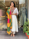 White Embroidered Anarkali Suit with Multicolor Statement Dupatta