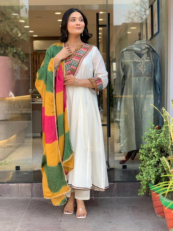 White Embroidered Anarkali Suit with Multicolor Statement Dupatta