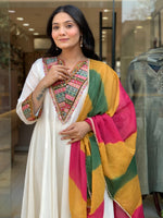 White Embroidered Anarkali Suit with Multicolor Statement Dupatta