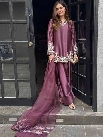 Onion Embroidered Silk Crepe Patiala Gharara Set