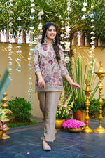 Stone Grey Floral Embroidered Silk Kurta Pant Set