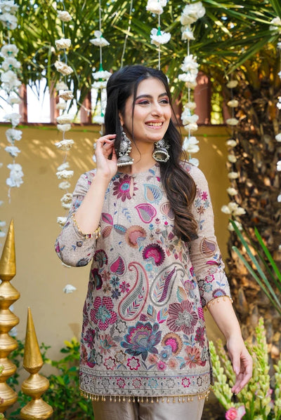 Stone Grey Floral Embroidered Silk Kurta Pant Set