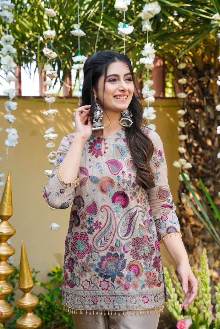 Stone Grey Floral Embroidered Silk Kurta Pant Set