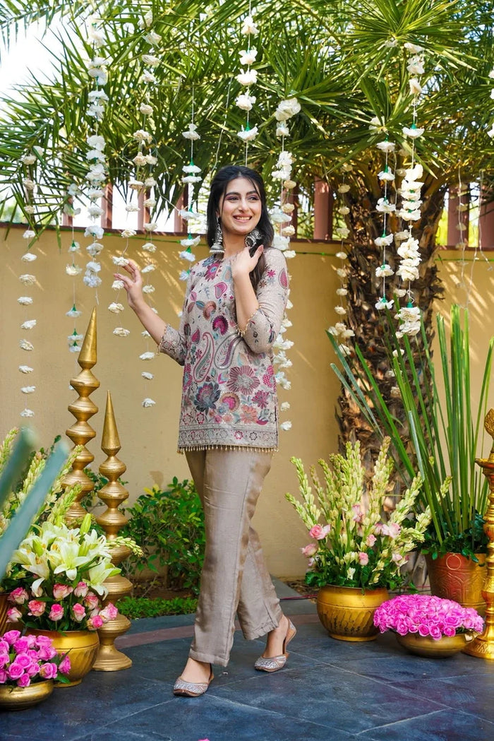 Stone Grey Floral Embroidered Silk Kurta Pant Set