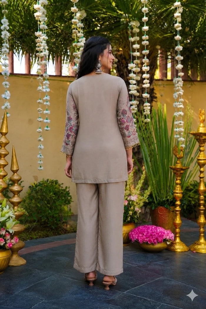 Stone Grey Floral Embroidered Silk Kurta Pant Set
