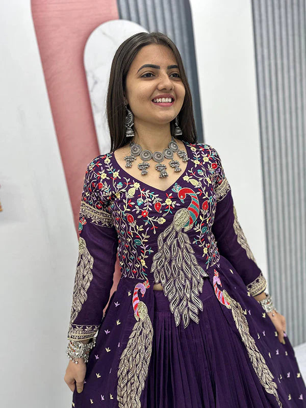 Royal Purple Vichitra Silk Embroidered Lehenga Choli Set