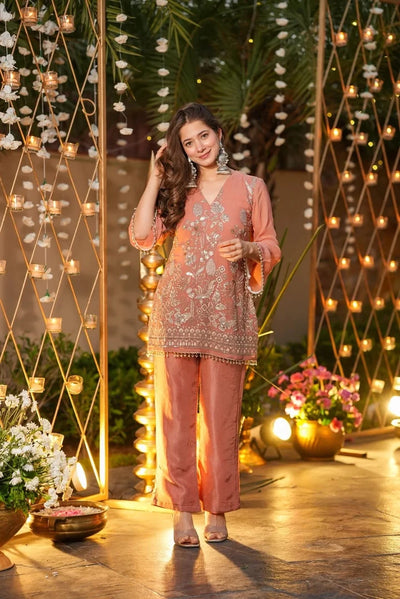 Peach Embroidered Silk Kurta Pant Set