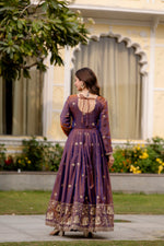Purple Fendy Satin Embroidered Anarkali Gown Set