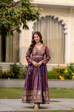 Purple Fendy Satin Embroidered Anarkali Gown Set