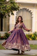 Purple Fendy Satin Embroidered Anarkali Gown Set