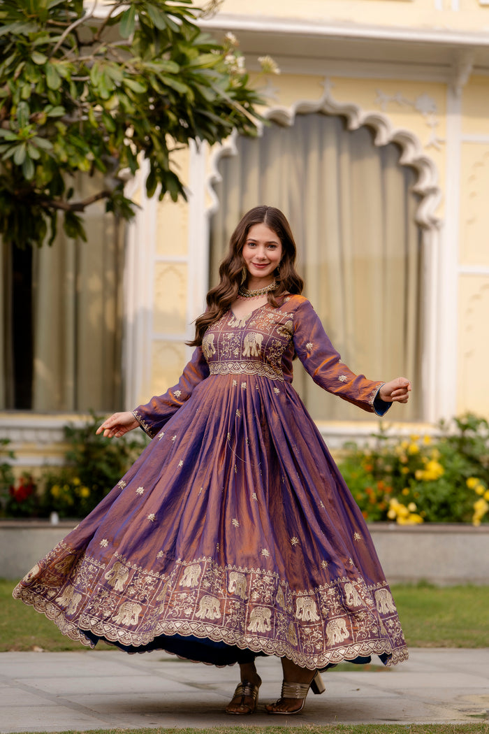 Purple Fendy Satin Embroidered Anarkali Gown Set