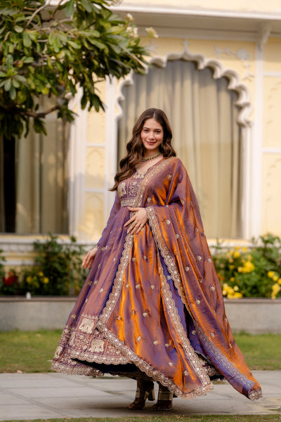 Purple Fendy Satin Embroidered Anarkali Gown Set