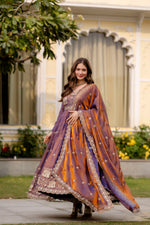 Purple Fendy Satin Embroidered Anarkali Gown Set