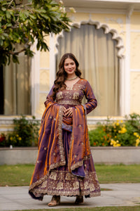 Purple Fendy Satin Embroidered Anarkali Gown Set