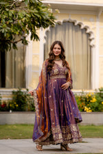 Purple Fendy Satin Embroidered Anarkali Gown Set