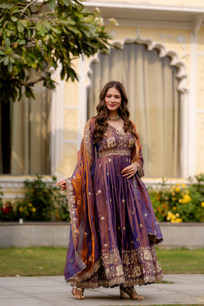 Purple Fendy Satin Embroidered Anarkali Gown Set