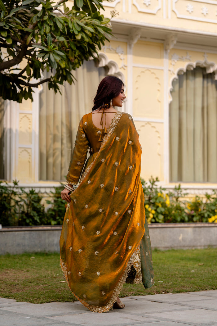 Olive Green Fendy Satin Embroidered Anarkali Gown Set