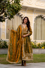 Olive Green Fendy Satin Embroidered Anarkali Gown Set