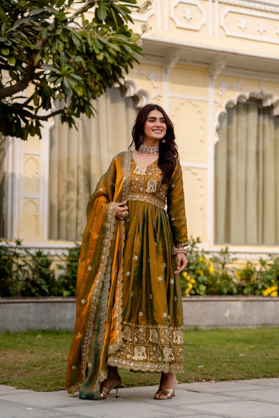 Olive Green Fendy Satin Embroidered Anarkali Gown Set