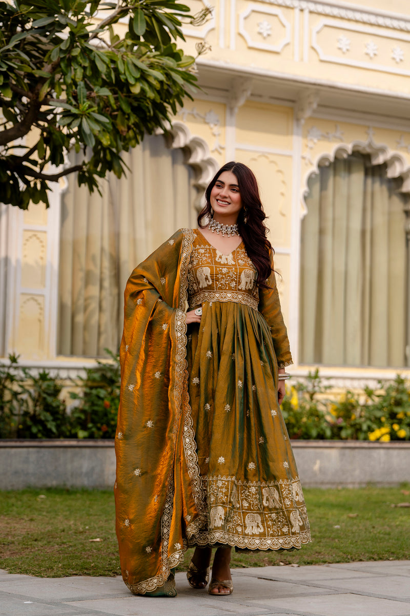 Olive Green Fendy Satin Embroidered Anarkali Gown Set